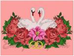 "Swans and a wreath of roses"